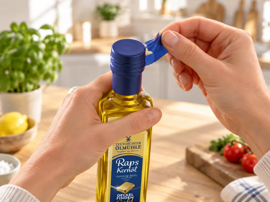 Zwei Hände ziehen die blaue Schrumpfkappe vom Deckel einer Aktionsflasche ab