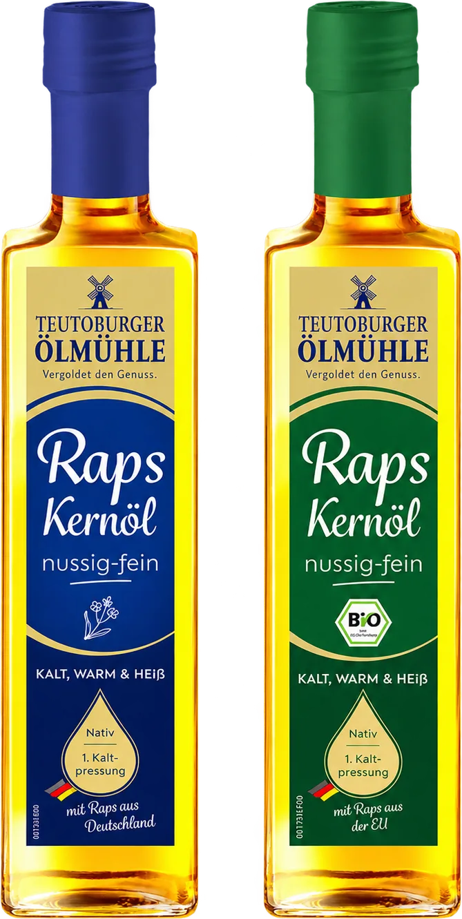 Rapskernöl nussig-fein und Bio-Rapskernöl nussig-fein nebeneinander