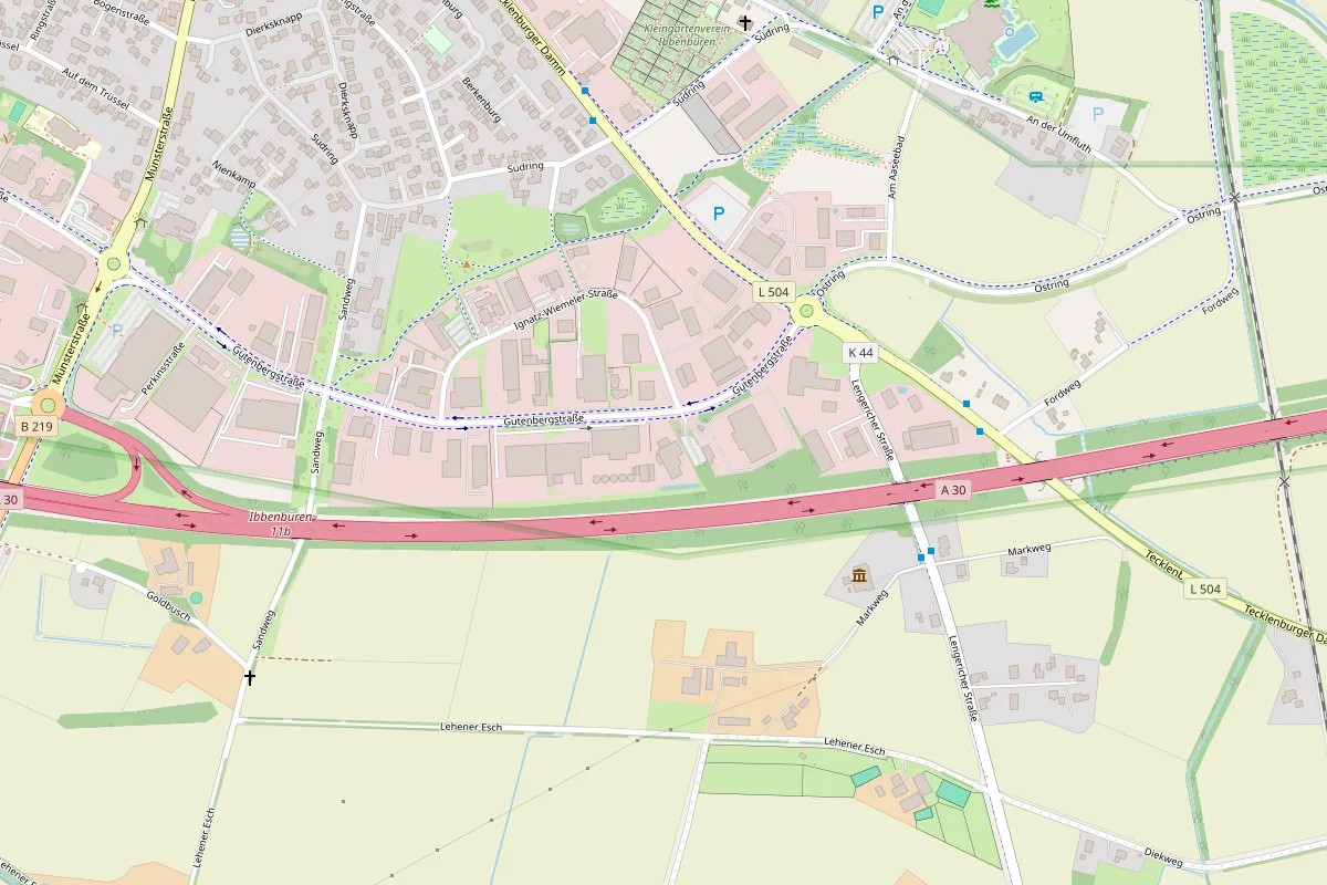 Karte des Gewerbegebiets an der Gutenbergstraße in Ibbenbüren mit der Lage der Ölmühle