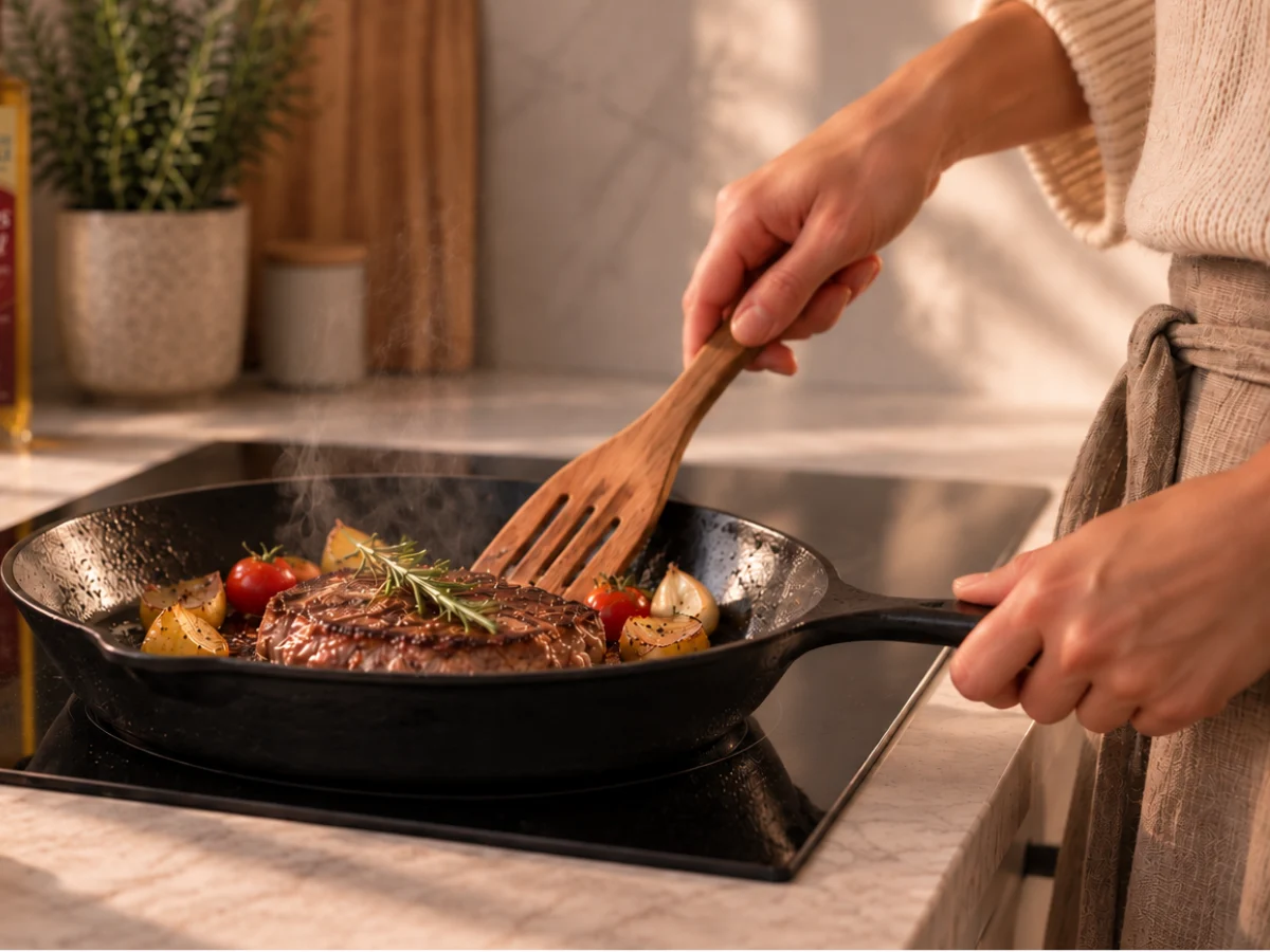 Fleisch wird in Pfanne angebraten