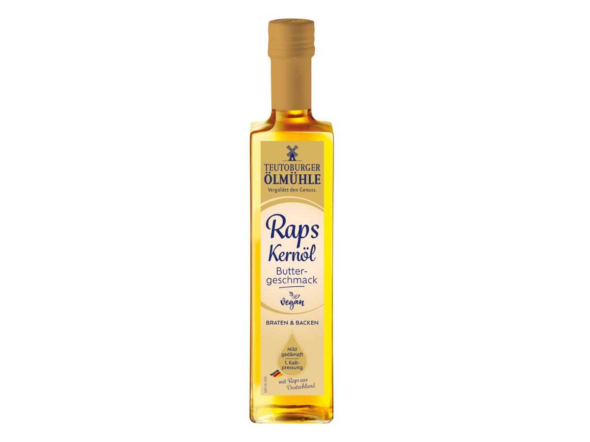 Flasche Teutoburger Ölmühle Rapskernöl Buttergeschmack 500 ml, weißer Hintergrund