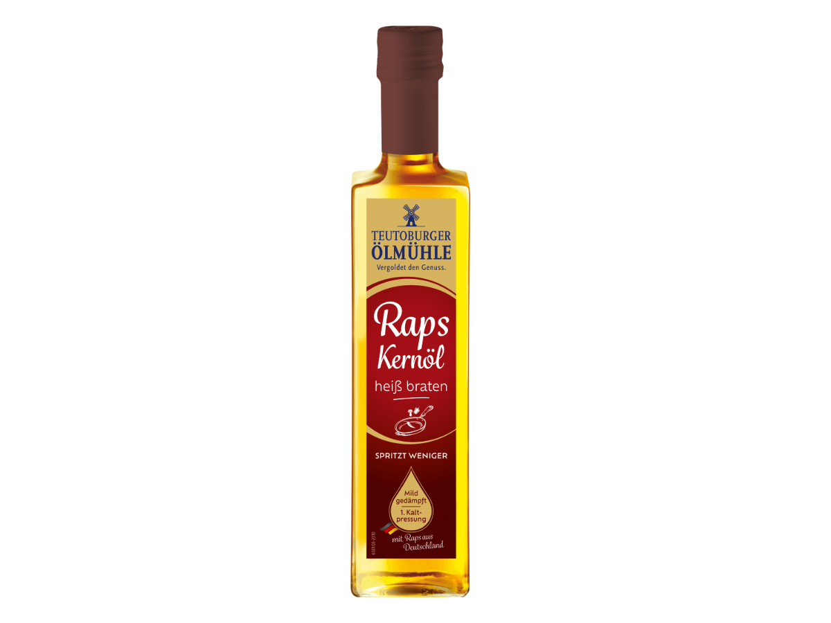 Flasche Teutoburger Ölmühle Rapskernöl heiß braten 500 ml, weißer Hintergrund