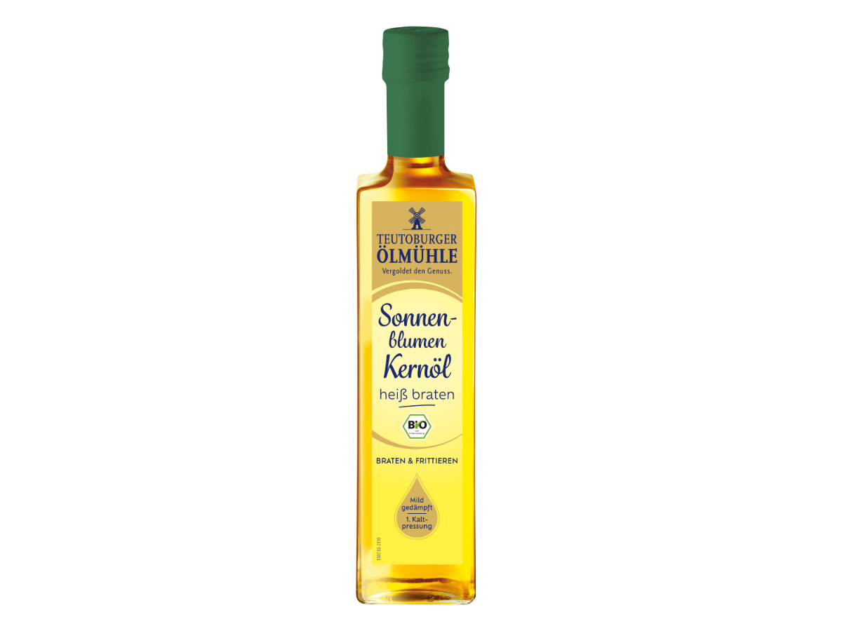 Flasche Teutoburger Ölmühle Sonnenblumenkernöl heiß braten 500 ml, weißer Hintergrund