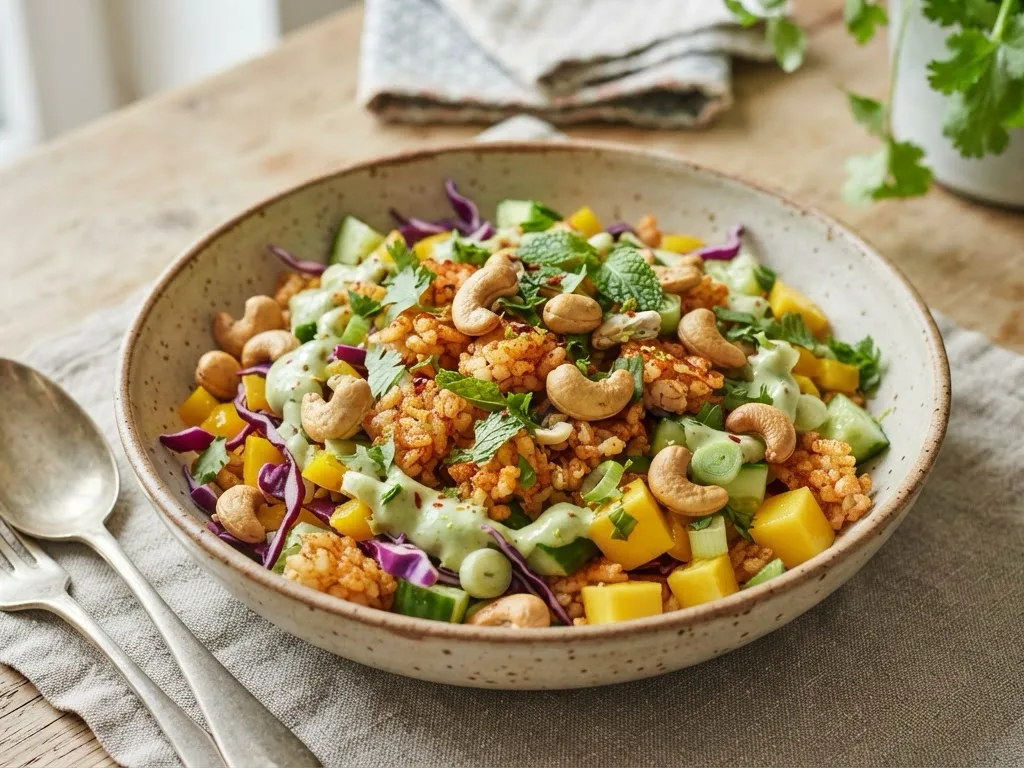 Crispy Rice Salad in einer Schale, mit Mango, Gurke, Cashewkernen und Dressing