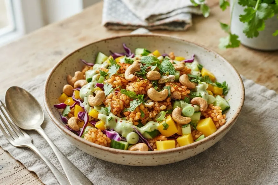 Crispy Rice Salad in einer Schale, mit Mango, Gurke, Cashewkernen und Dressing