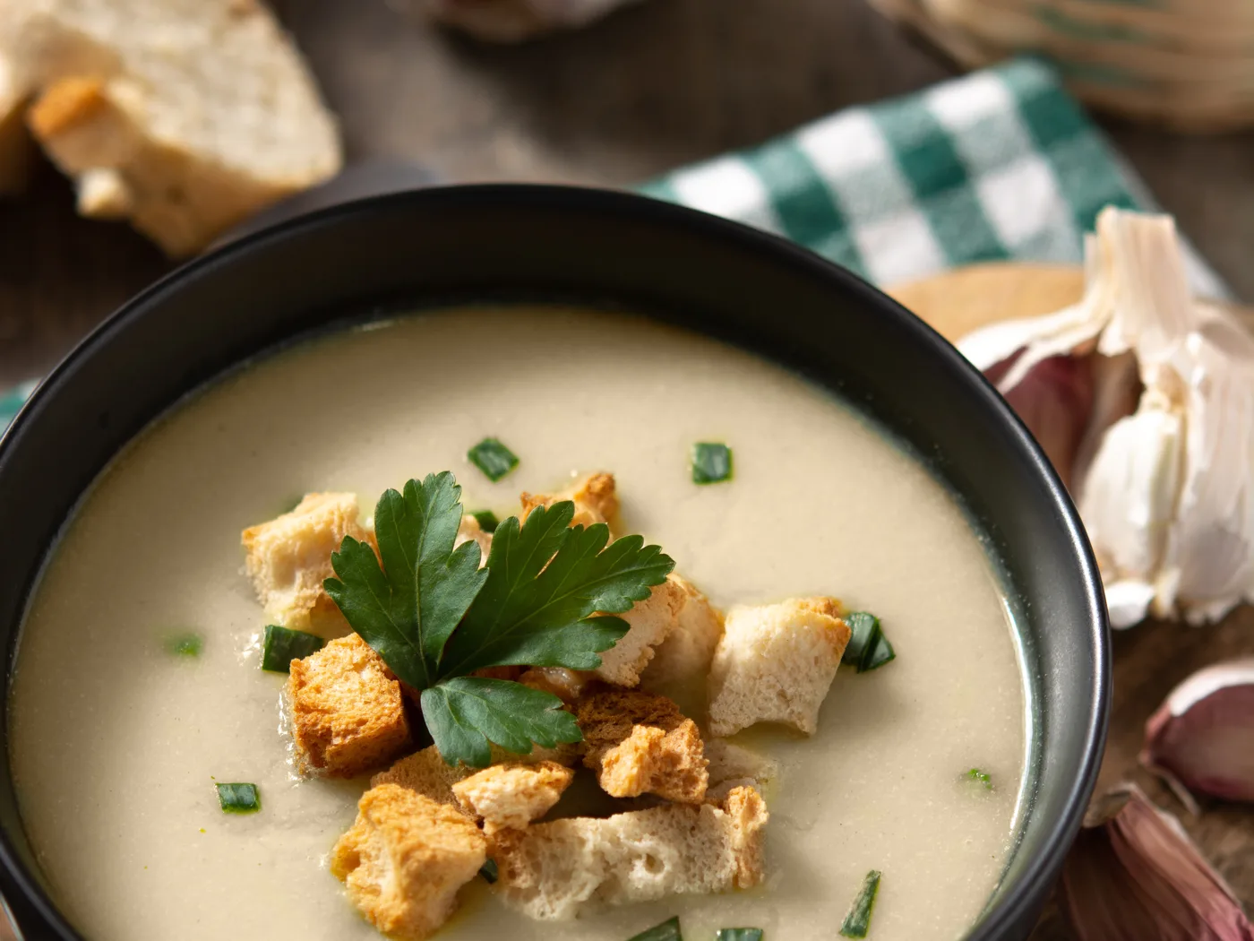 Kartoffel-Pastinaken-Suppe in einer dunklen Schale, mit Croûtons und Petersilie