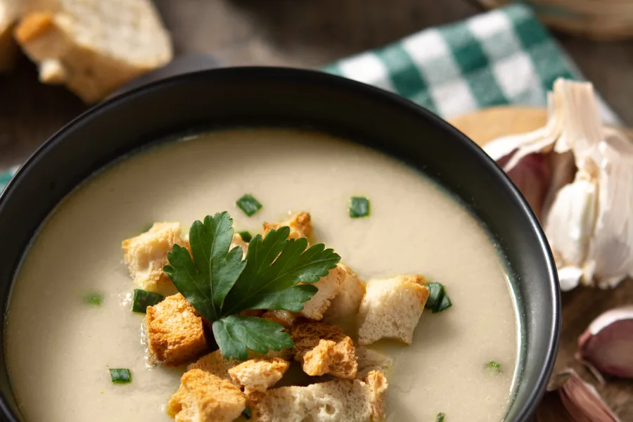 Kartoffel-Pastinaken-Suppe in einer dunklen Schale, mit Croûtons und Petersilie