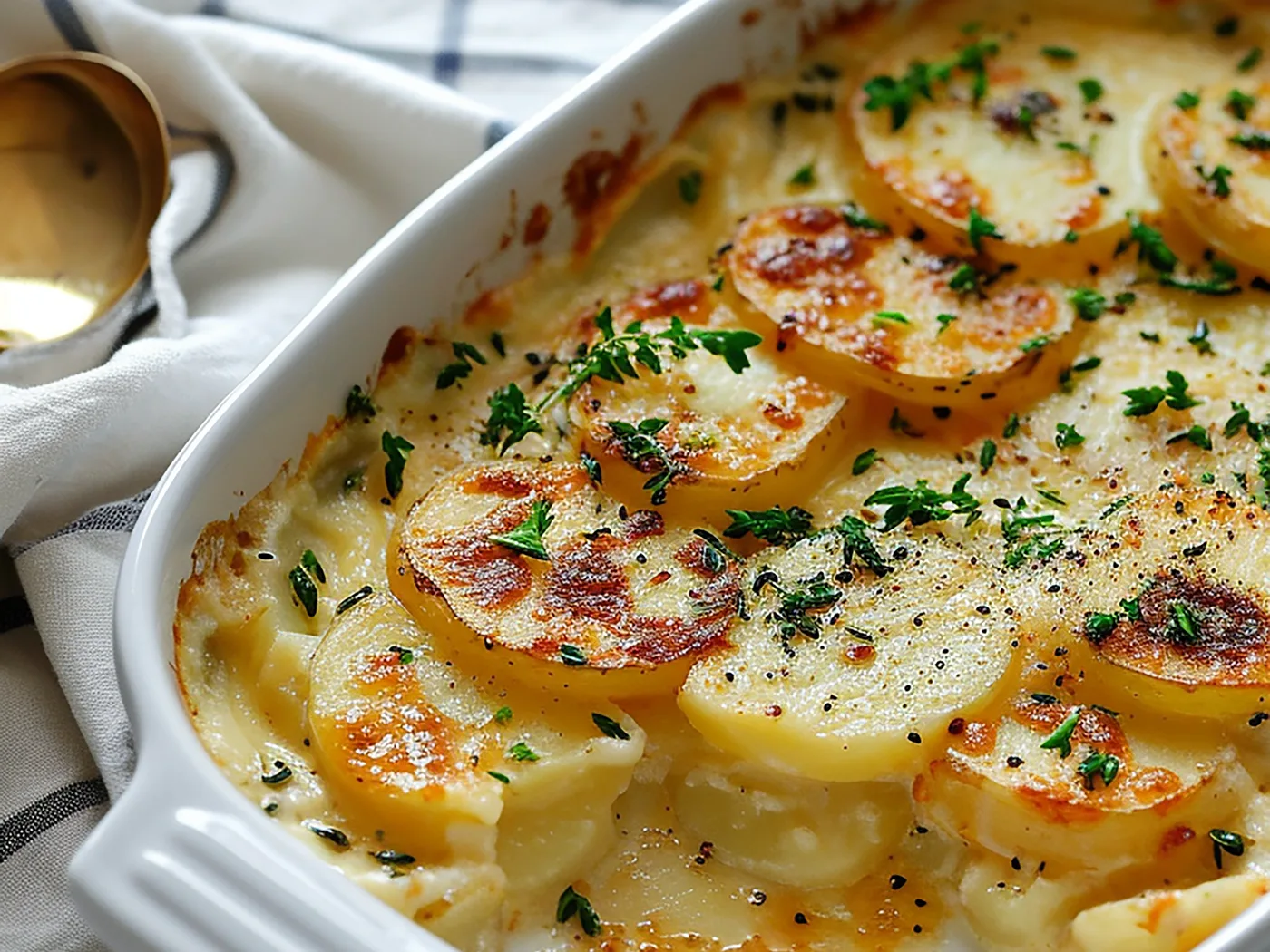 Kartoffelgratin in einer weißen Auflaufform, mit Kräutern und Pfeffer bestreut