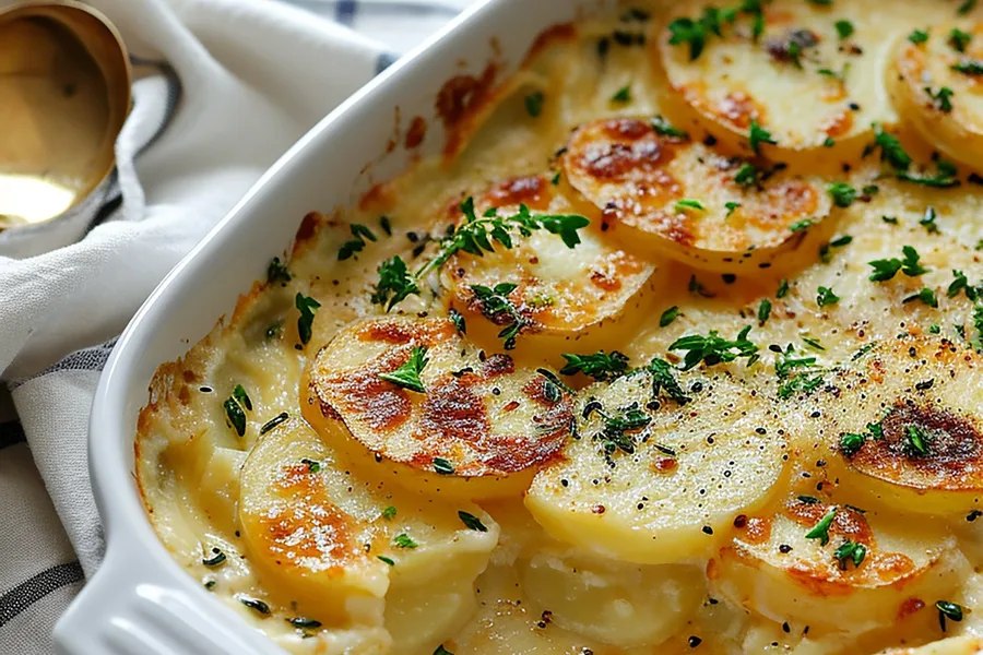 Kartoffelgratin in einer weißen Auflaufform, mit Kräutern und Pfeffer bestreut
