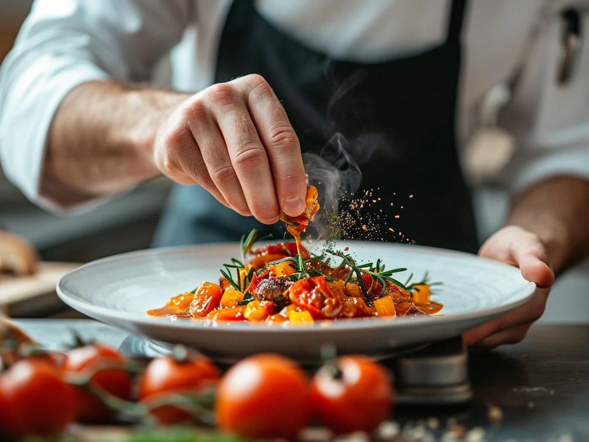 Bildausschnitt Koch richtet Essen auf Teller an