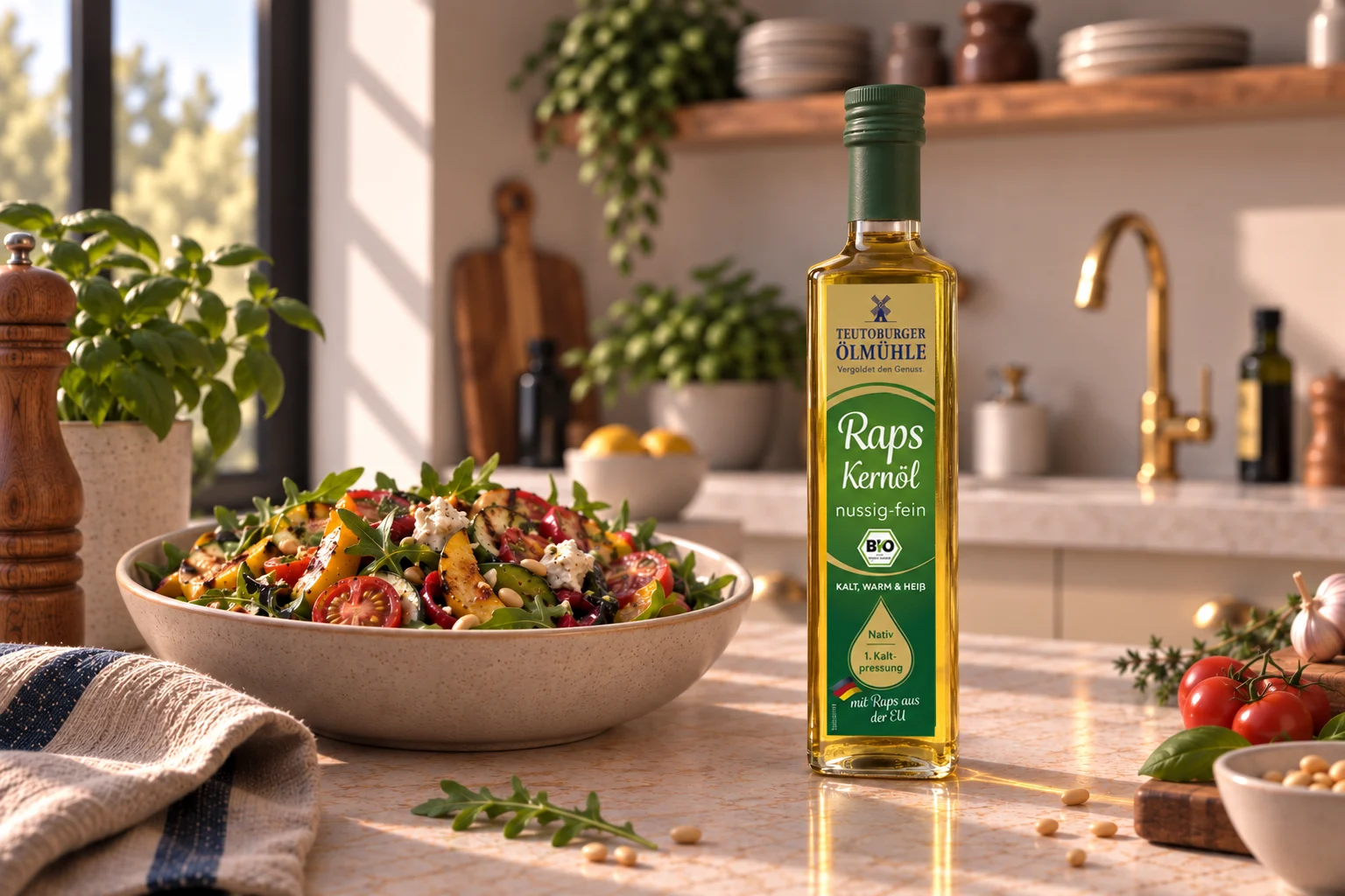 Bio-Rapskernöl nussig-fein steht auf Arbeitsfläche neben einem Salat
