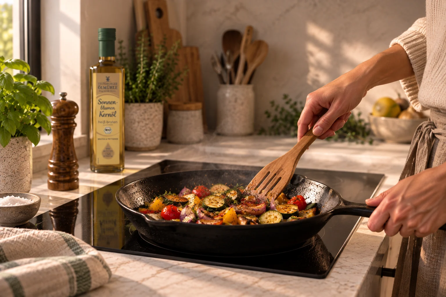Gemüse wird in Pfanne angebraten im Hintergrund steht Sonnenblumenkernöl