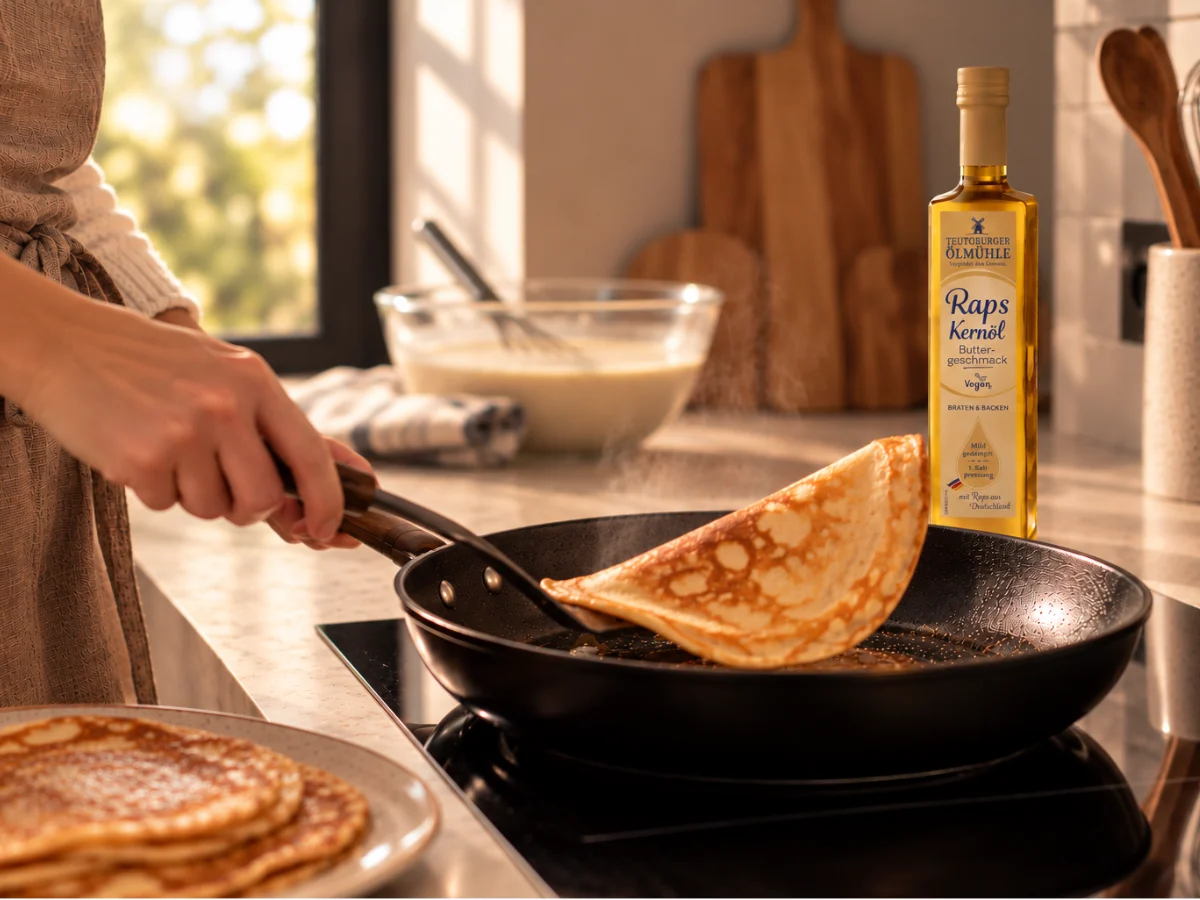 Person brät Pfannkuchen in einer Pfanne, im Hintergrund steht Teig und eine Flasche Teutoburger Ölmühle Rapskernöl Buttergeschmack