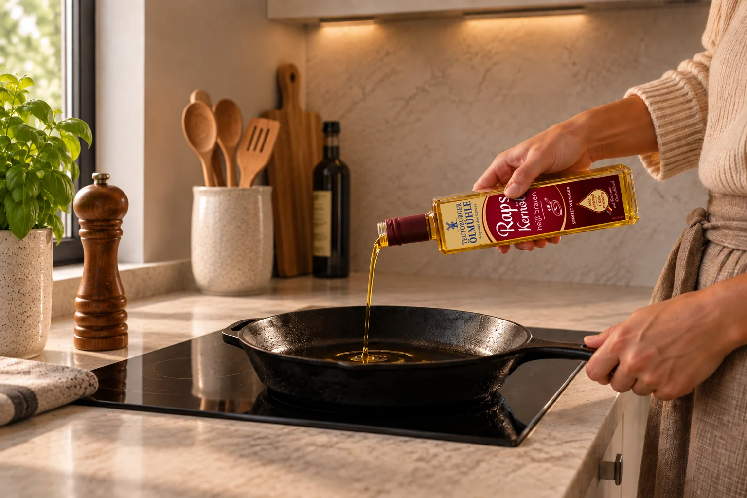 Raspskernöl heiß braten wird in Pfanne gegossen