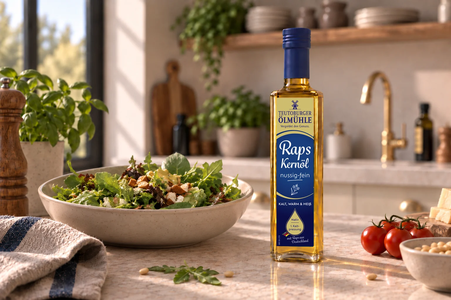 Rapskernöl nussig-fein steht auf Arbeitsfläche neben einem Salat